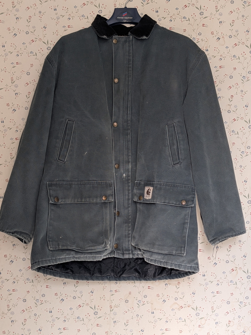 Carhartt Barn Coat Blue Green Grey Work Corduroy Collar Snaps Metal Zip Vintage